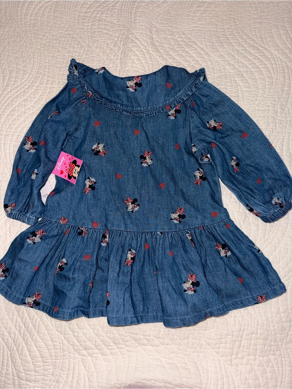 Girl's Blue Denim Minnie Mouse Print Dress 18-24M NWT